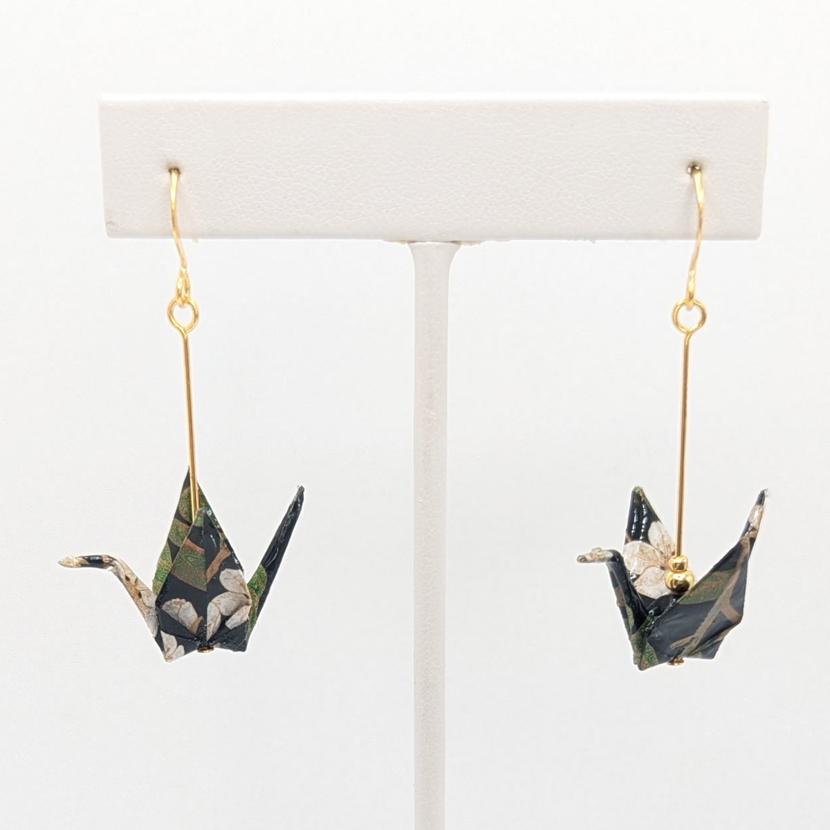 Dark Forest Origami Crane Earrings, close-up of the pair