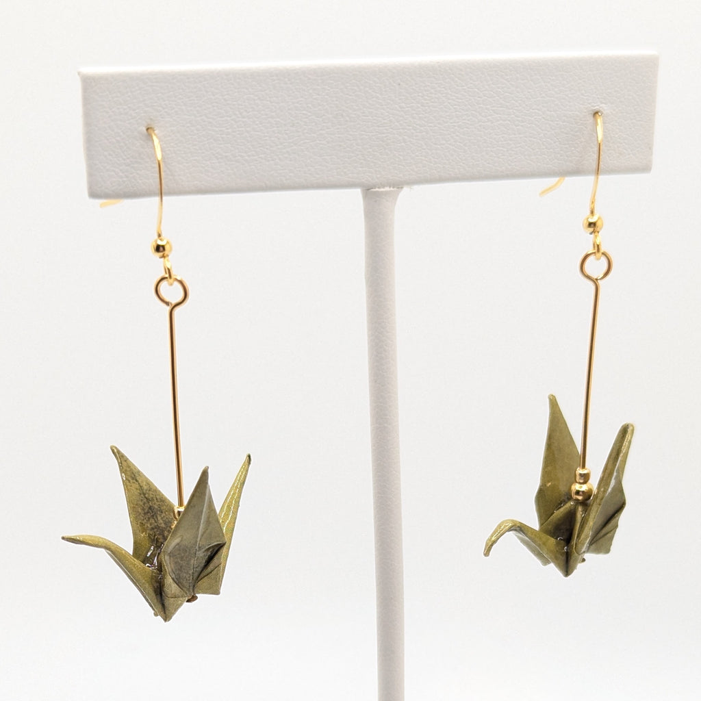 Mottled Olive Origami Crane Earrings, close-up of the pair