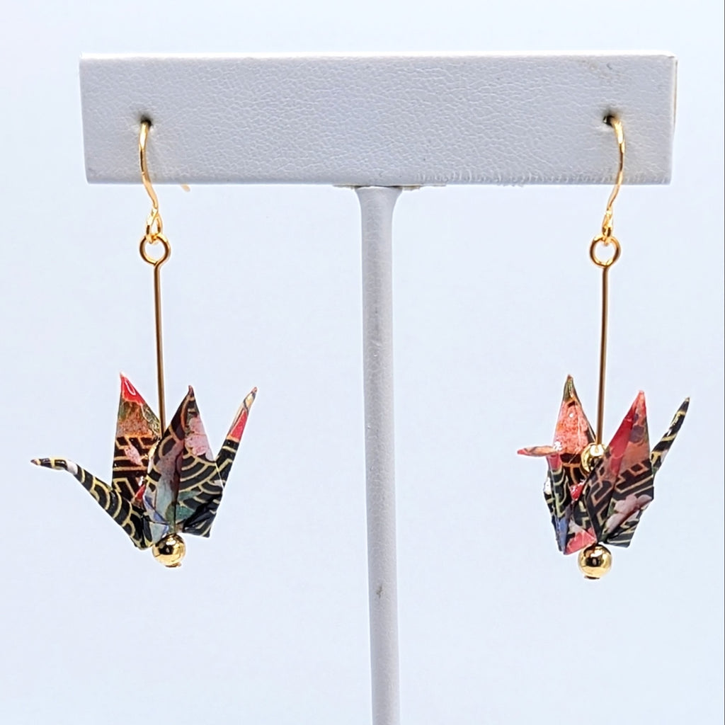 Multicolor Origami Crane Earrings, close-up of the pair