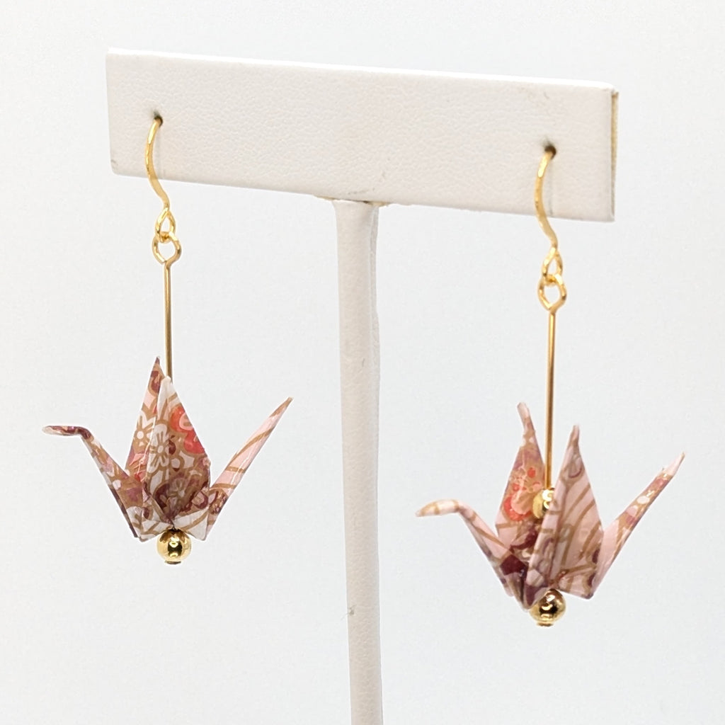 Pink Blossom Origami Crane Earrings, close-up of the pair