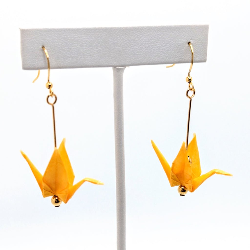 Soft Yellow Origami Crane Earrings, close-up of the pair