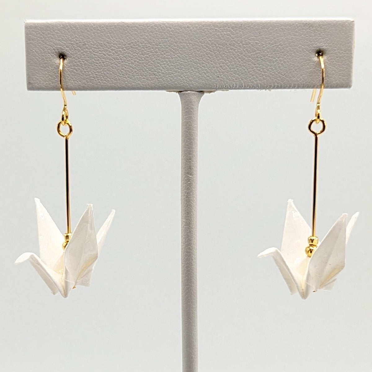 White Origami Crane Earrings, close-up of the pair