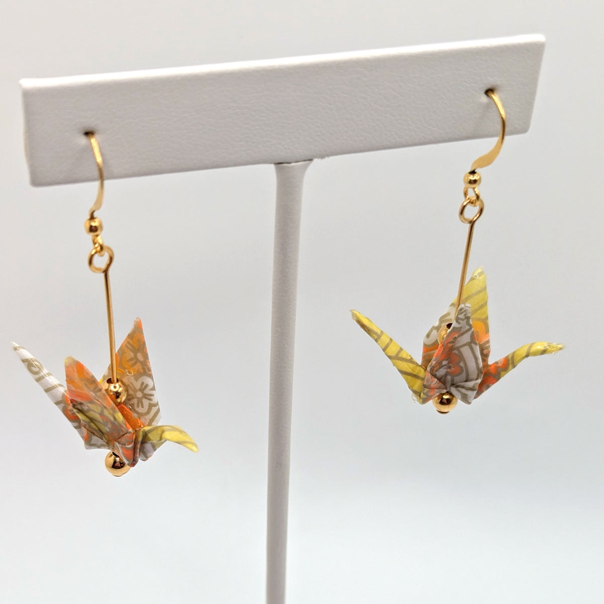 Yellow Blossom Origami Crane Earrings, close-up of the pair