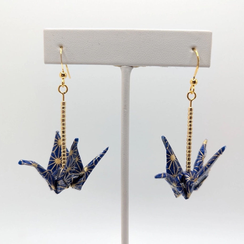Navy and Gold Geometric Origami Crane Earrings - Gold Wires - Med, close-up of the pair
