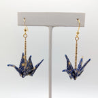 Navy and Gold Geometric Origami Crane Earrings - Gold Wires - Med, close-up of the pair