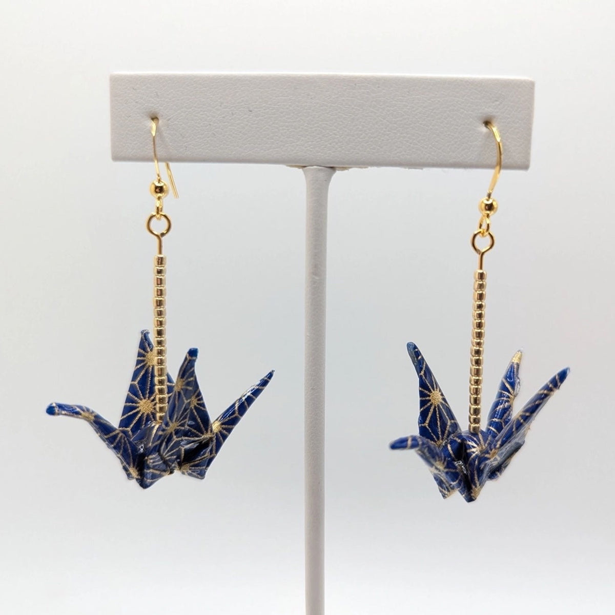 Navy and Gold Geometric Origami Crane Earrings - Gold Wires - Med, close-up of the pair