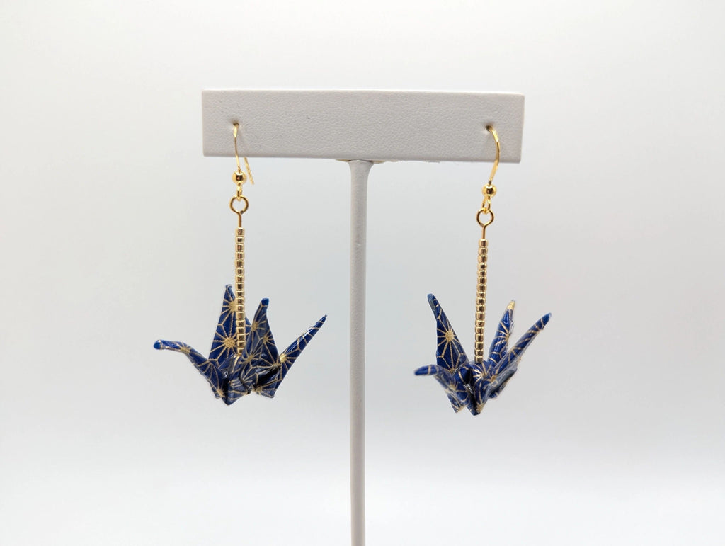 Navy and Gold Geometric Origami Crane Earrings - Gold Wires - Med