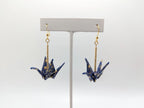 Navy and Gold Geometric Origami Crane Earrings - Gold Wires - Med