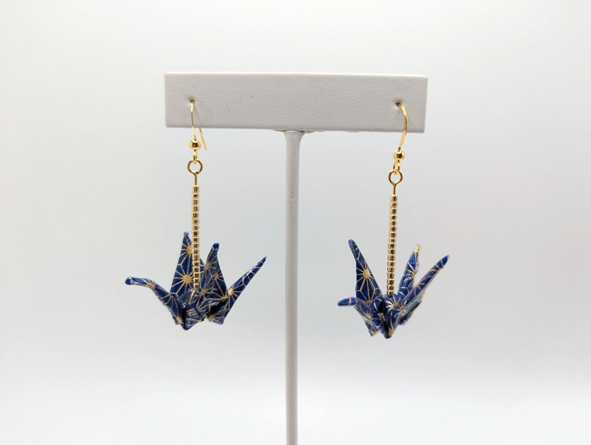 Navy and Gold Geometric Origami Crane Earrings - Gold Wires - Med