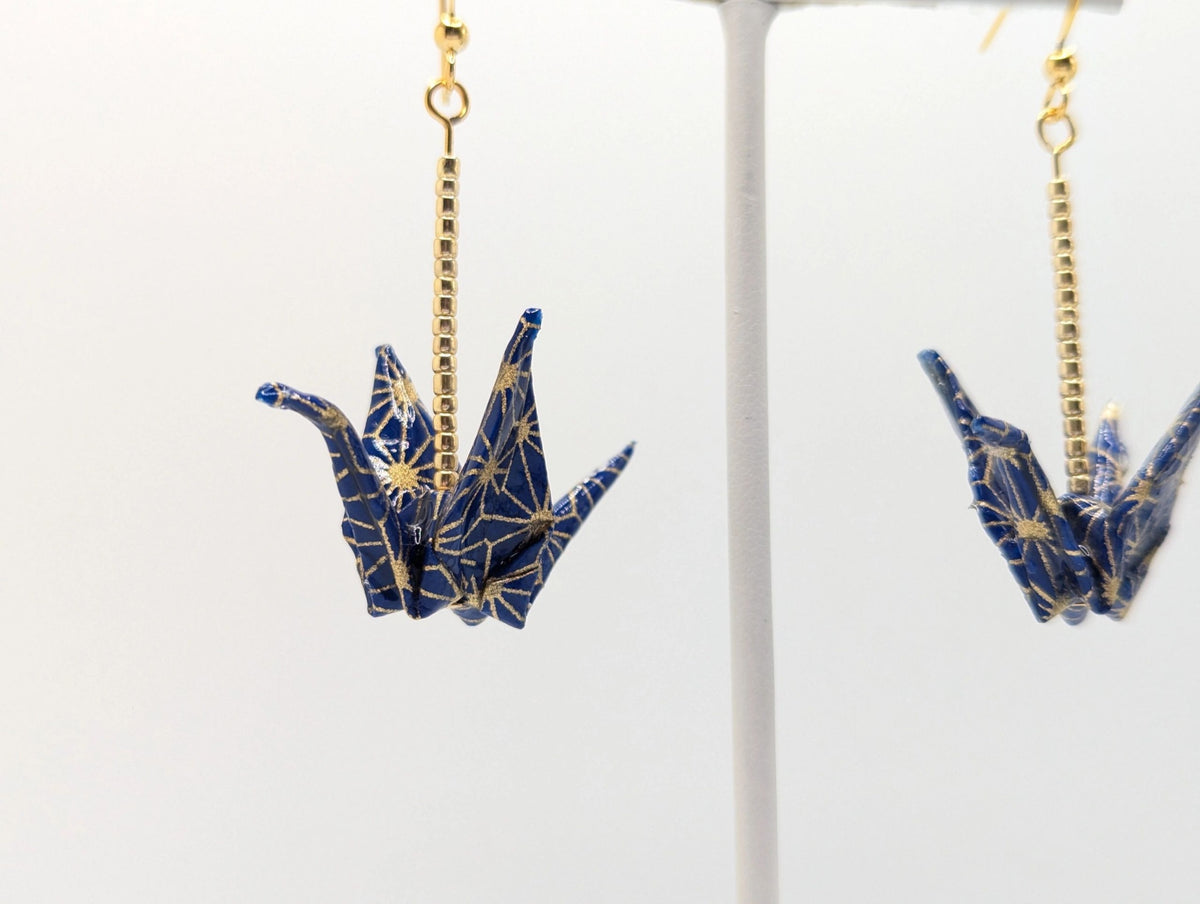 Navy and Gold Geometric Origami Crane Earrings - Gold Wires - Med