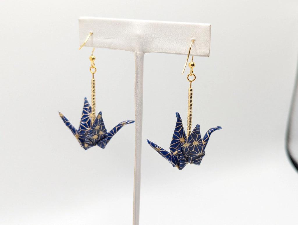Navy and Gold Geometric Origami Crane Earrings - Gold Wires - Med