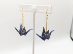 Navy and Gold Geometric Origami Crane Earrings - Gold Wires - Med