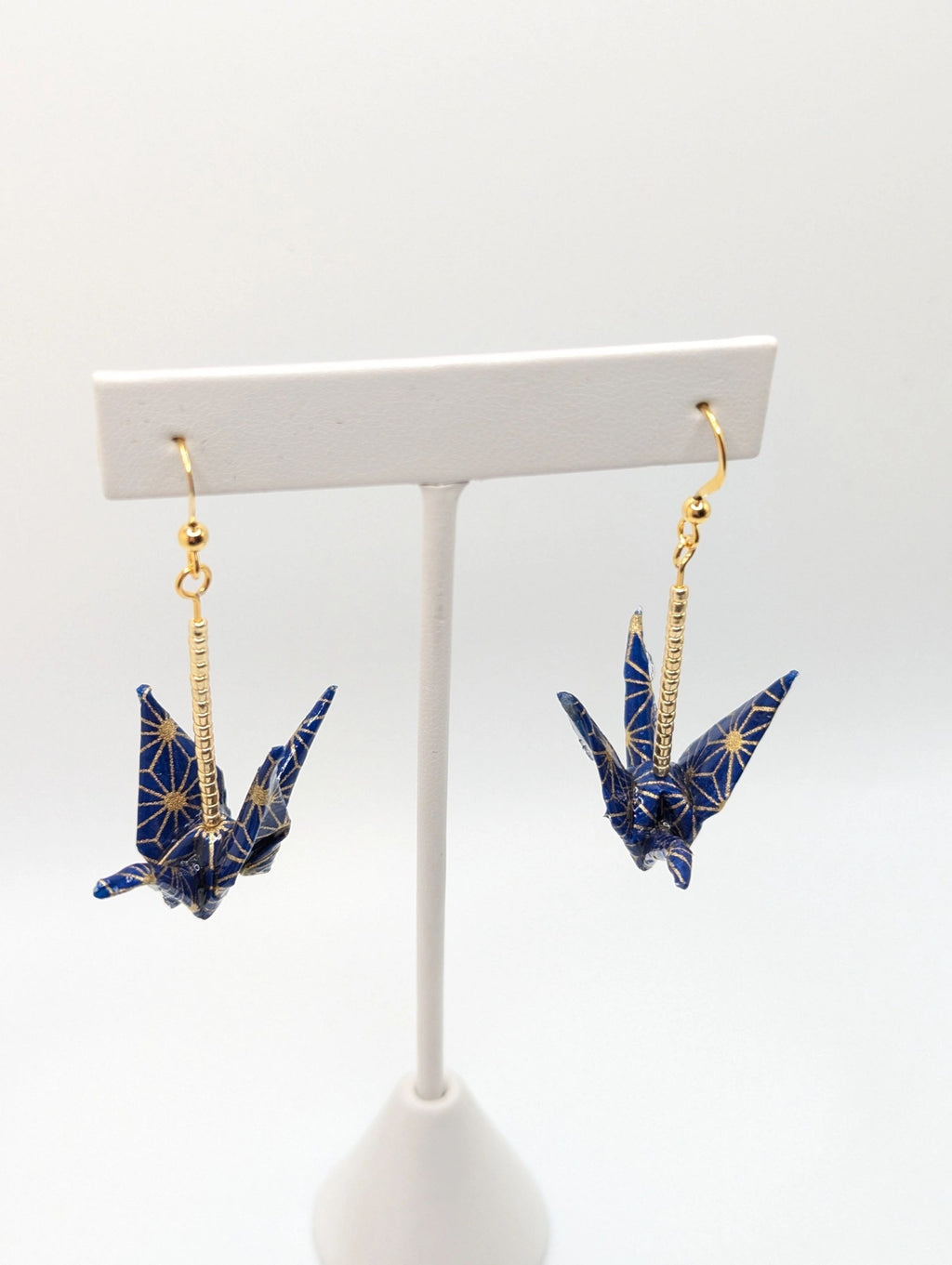 Navy and Gold Geometric Origami Crane Earrings - Gold Wires - Med