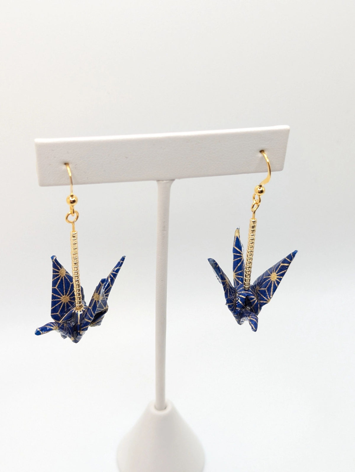 Navy and Gold Geometric Origami Crane Earrings - Gold Wires - Med