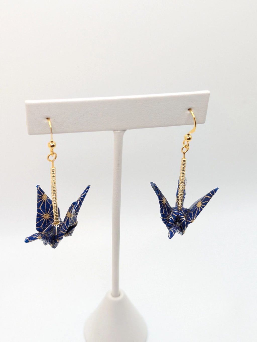 Navy and Gold Geometric Origami Crane Earrings - Gold Wires - Med