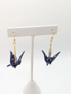 Navy and Gold Geometric Origami Crane Earrings - Gold Wires - Med