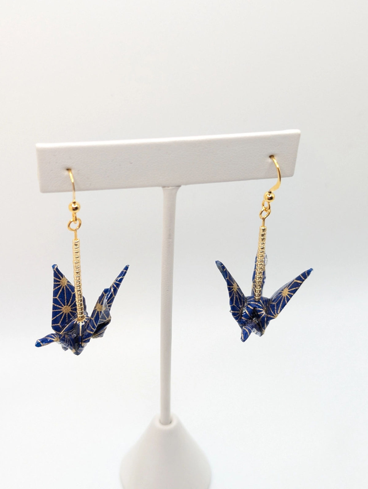 Navy and Gold Geometric Origami Crane Earrings - Gold Wires - Med