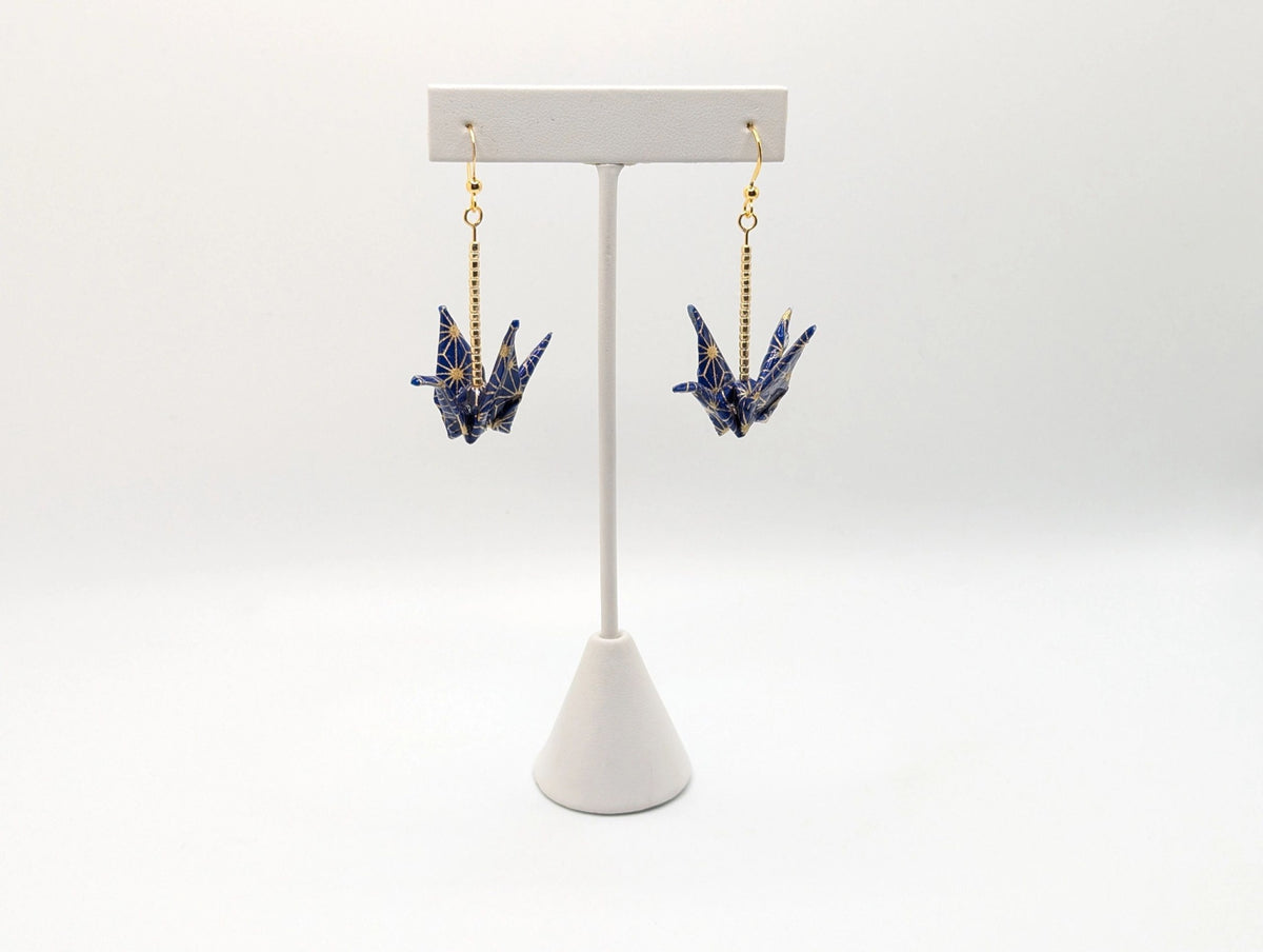 Navy and Gold Geometric Origami Crane Earrings - Gold Wires - Med