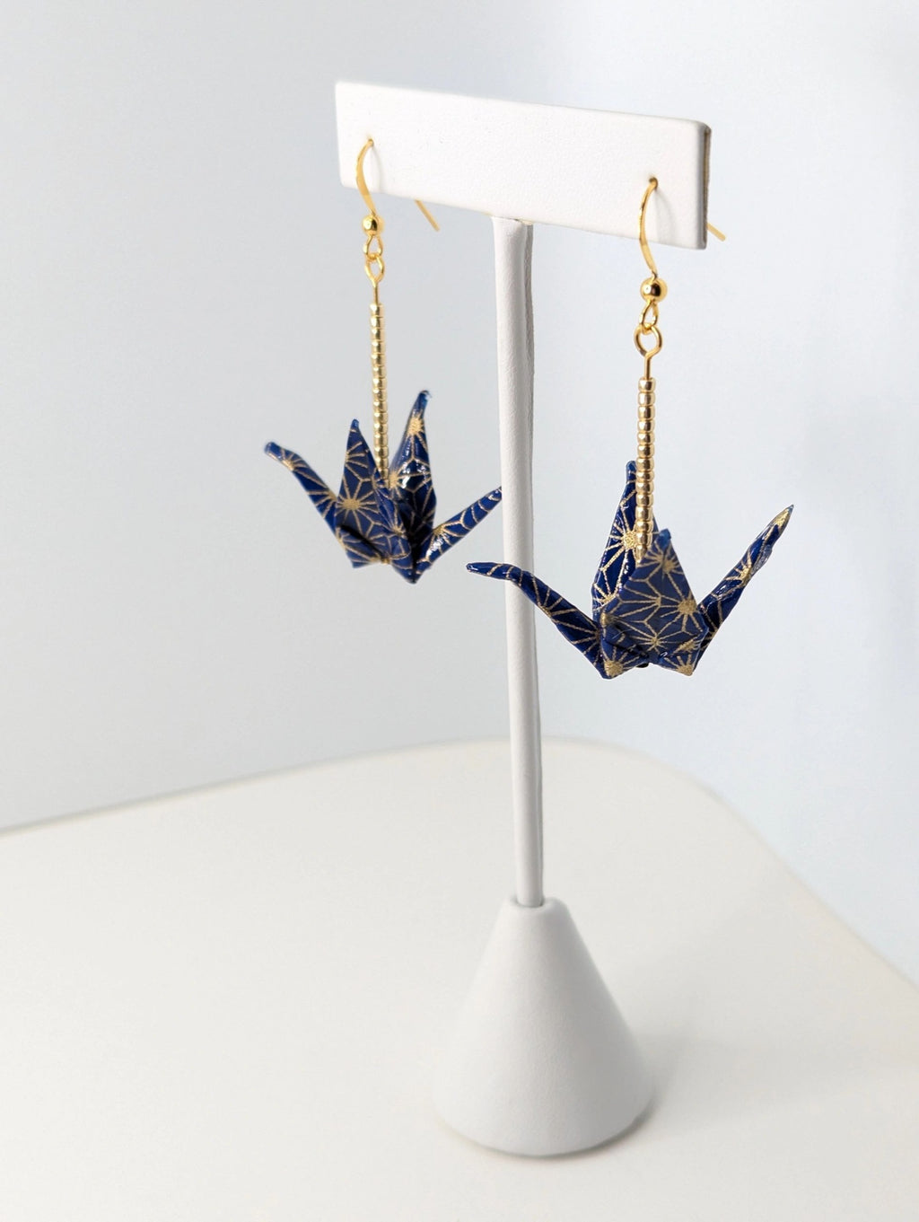 Navy and Gold Geometric Origami Crane Earrings - Gold Wires - Med