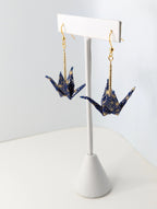Navy and Gold Geometric Origami Crane Earrings - Gold Wires - Med