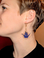 Navy and Gold Geometric Origami Crane Earrings - Gold Wires - Med