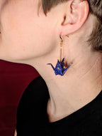 Navy and Gold Geometric Origami Crane Earrings - Gold Wires - Med