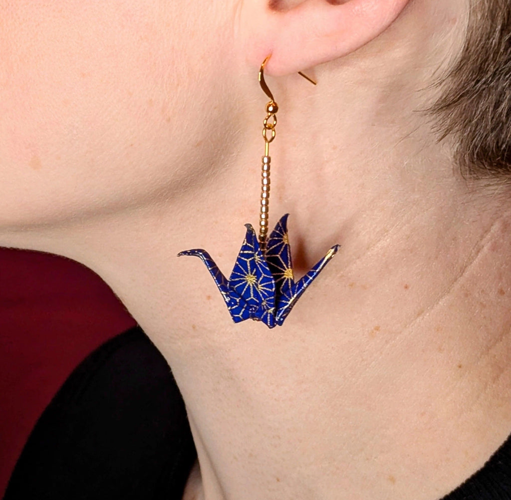 Navy and Gold Geometric Origami Crane Earrings - Gold Wires - Med