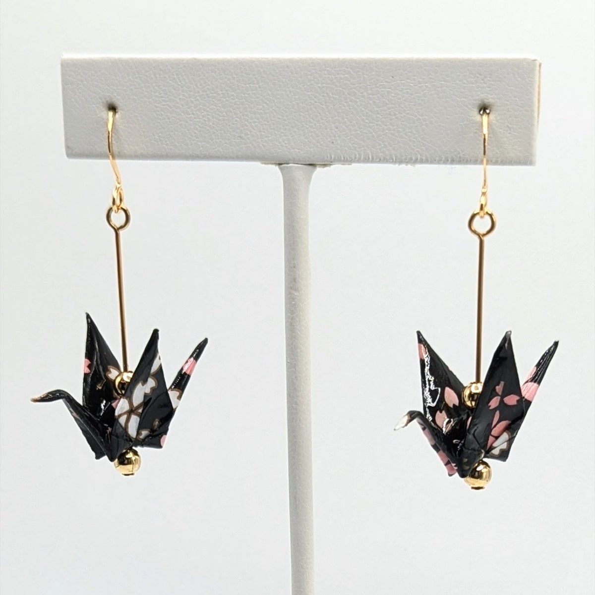 Black Blossom Origami Crane Earrings