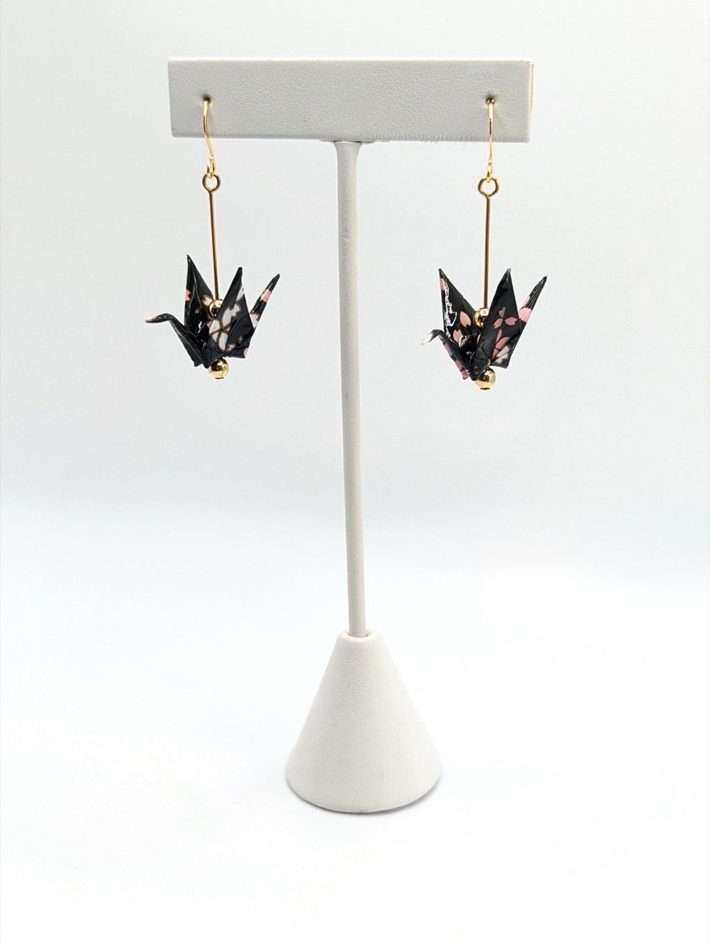 Black Blossom Origami Crane Earrings