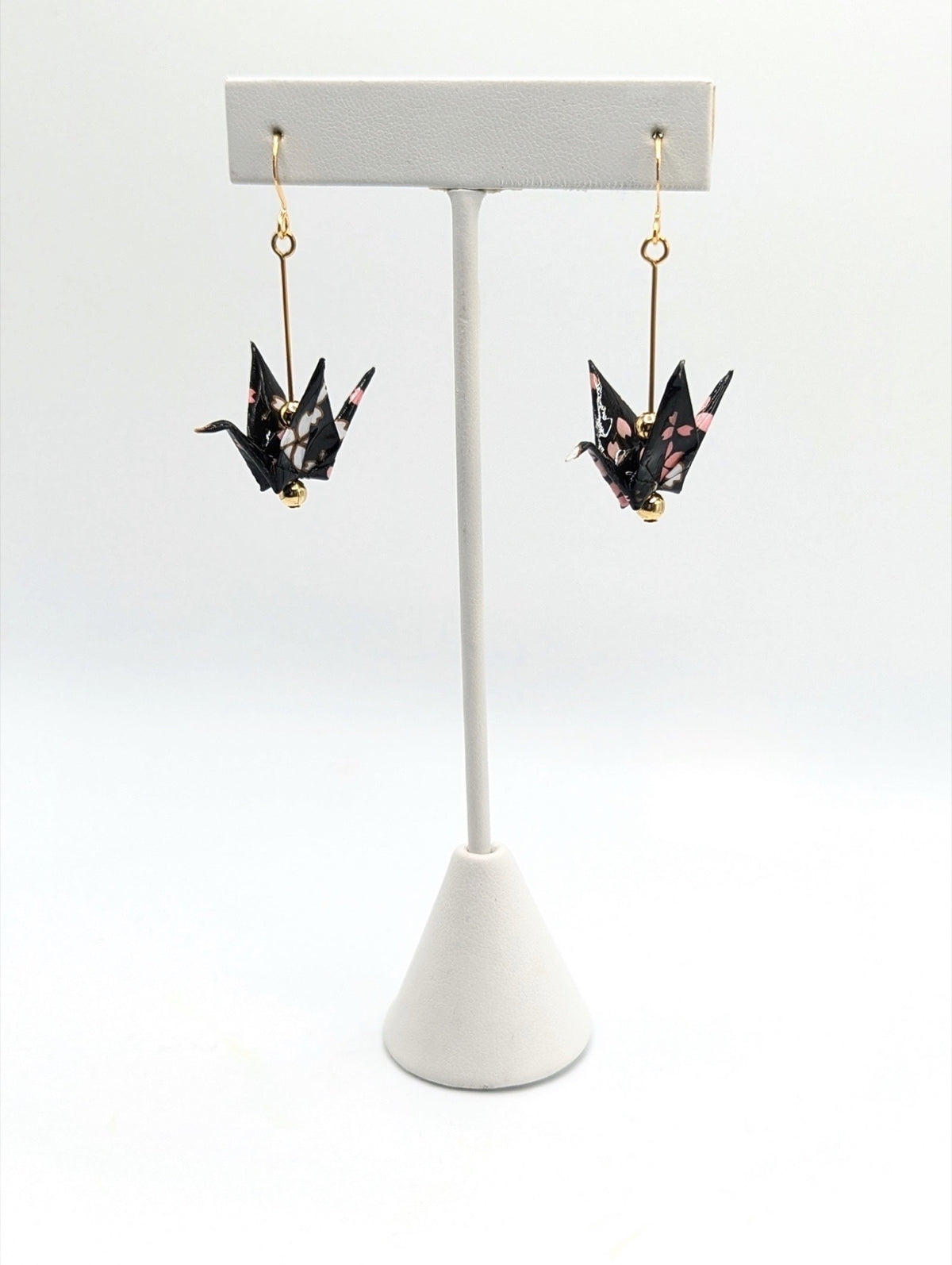 Black Blossom Origami Crane Earrings