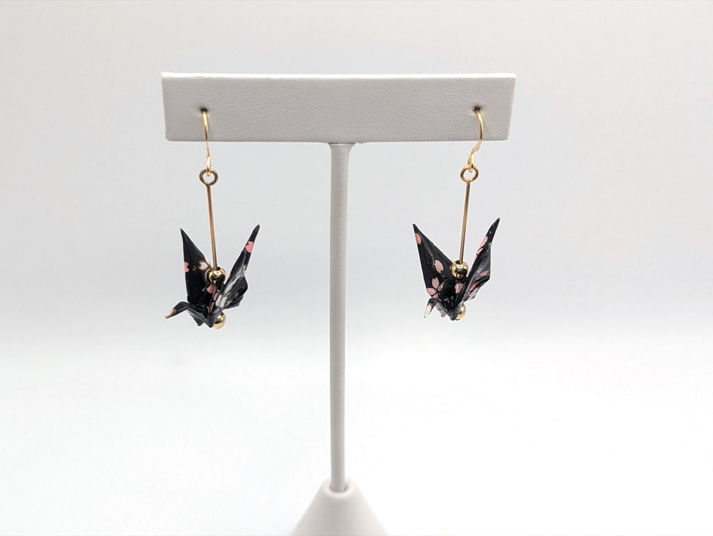 Black Blossom Origami Crane Earrings