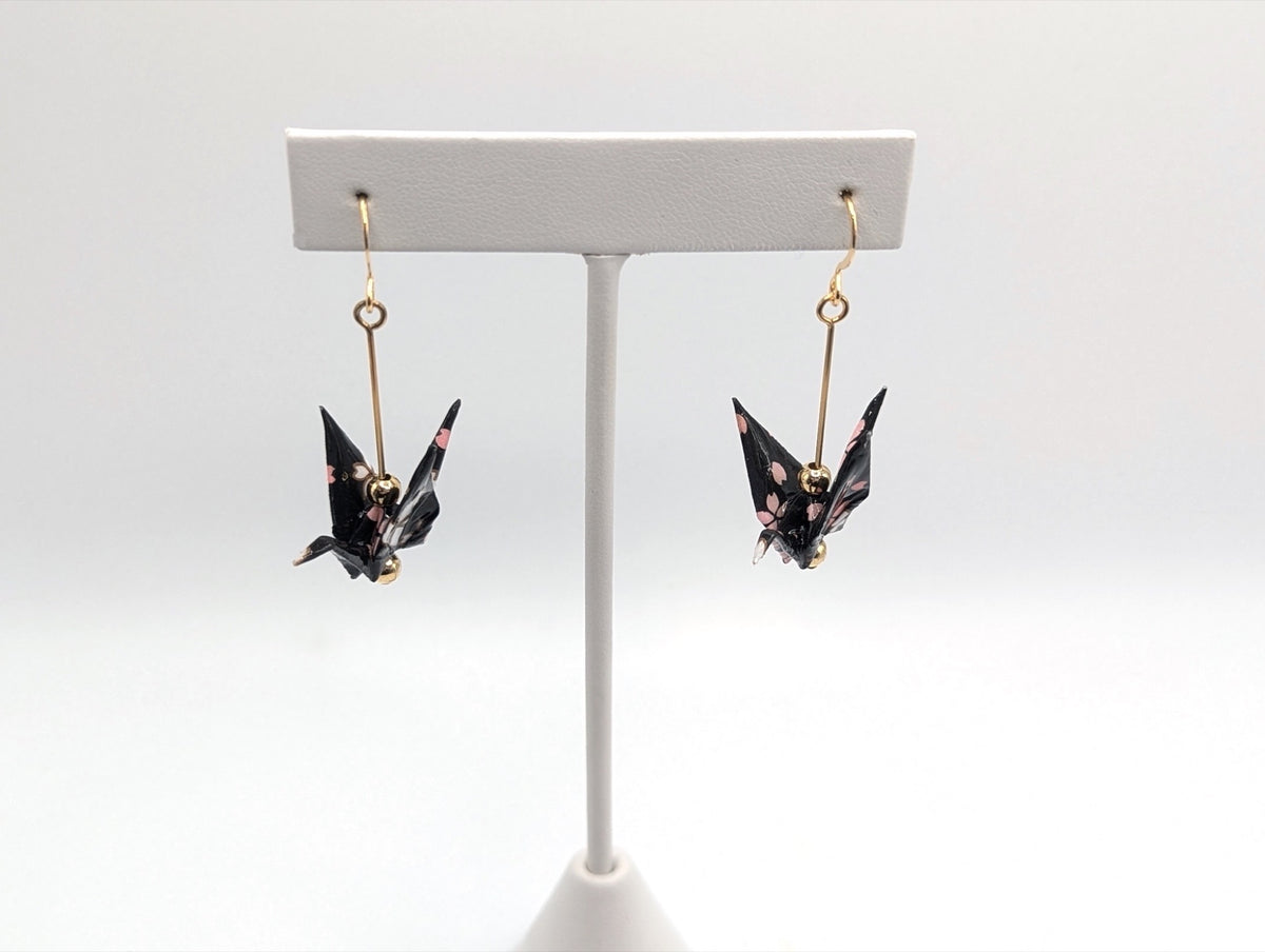 Black Blossom Origami Crane Earrings