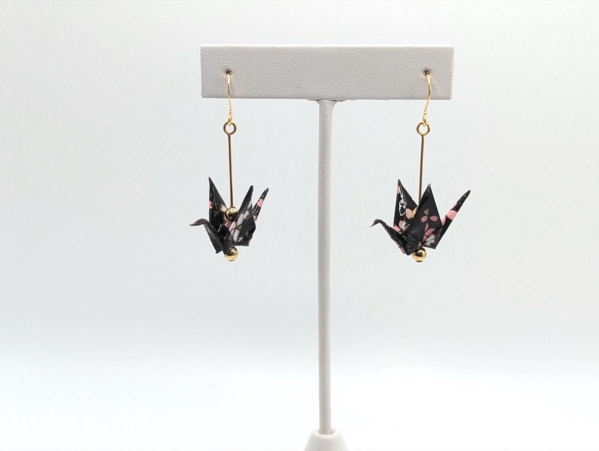 Black Blossom Origami Crane Earrings