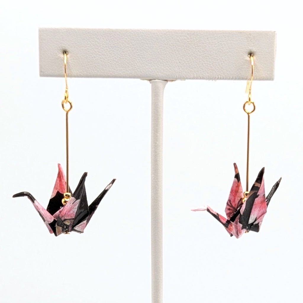 Black and Pink Floral Origami Crane Earrings