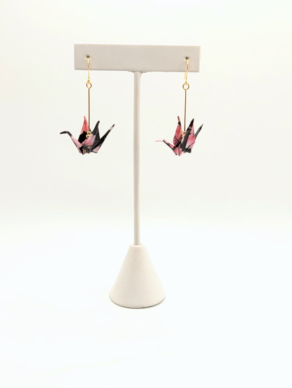 Black and Pink Floral Origami Crane Earrings