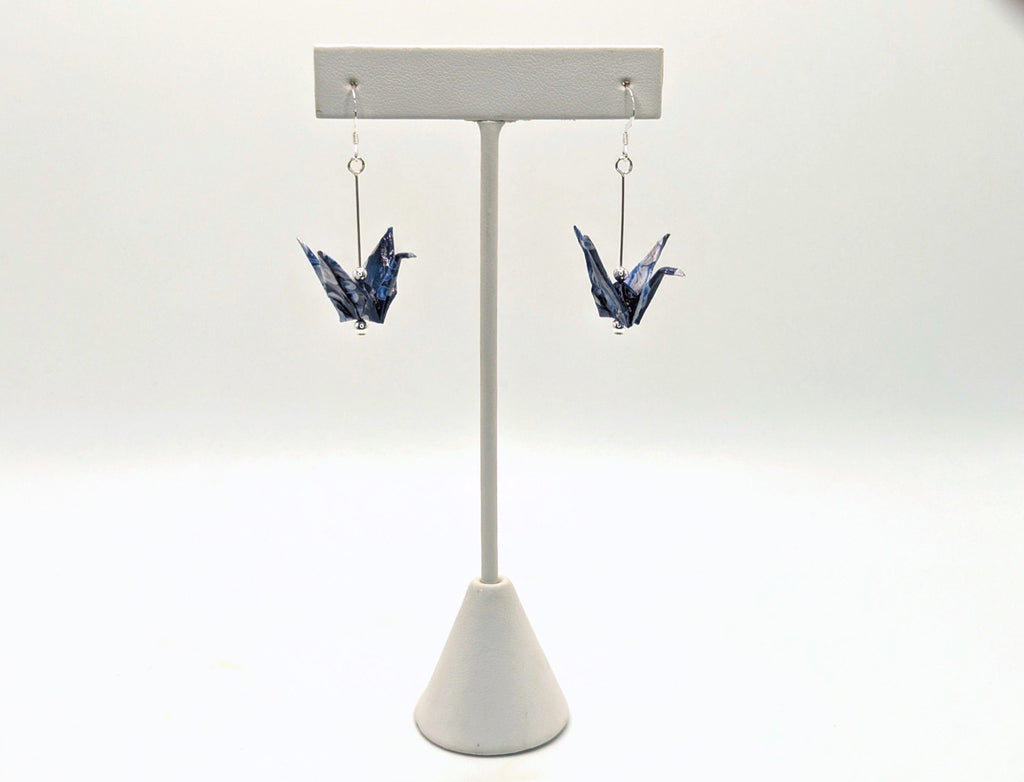Blue Floral Origami Crane Earrings