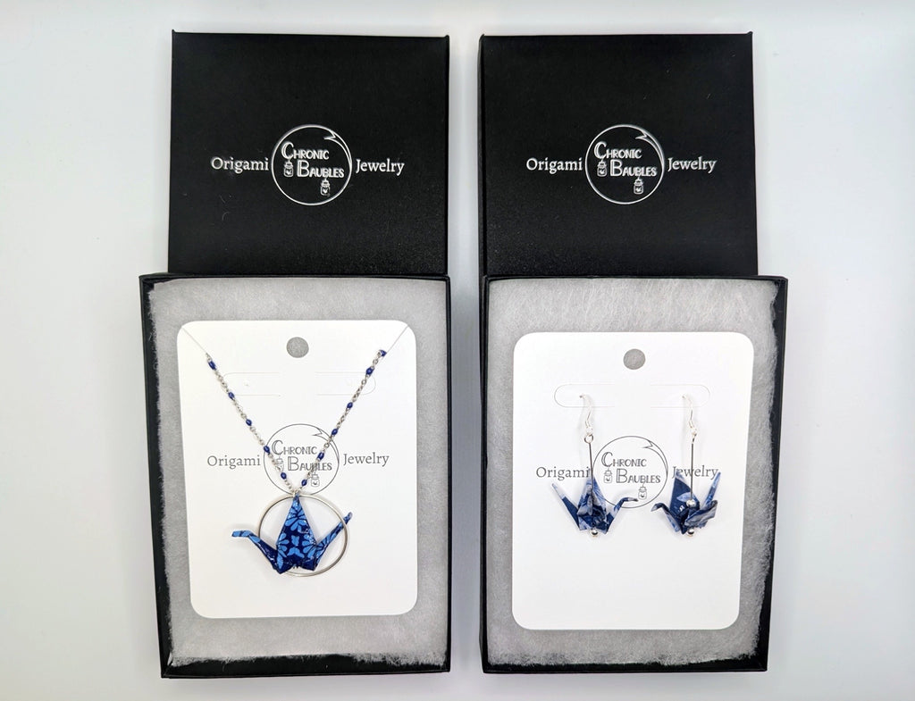 Blue Floral Origami Crane Earrings