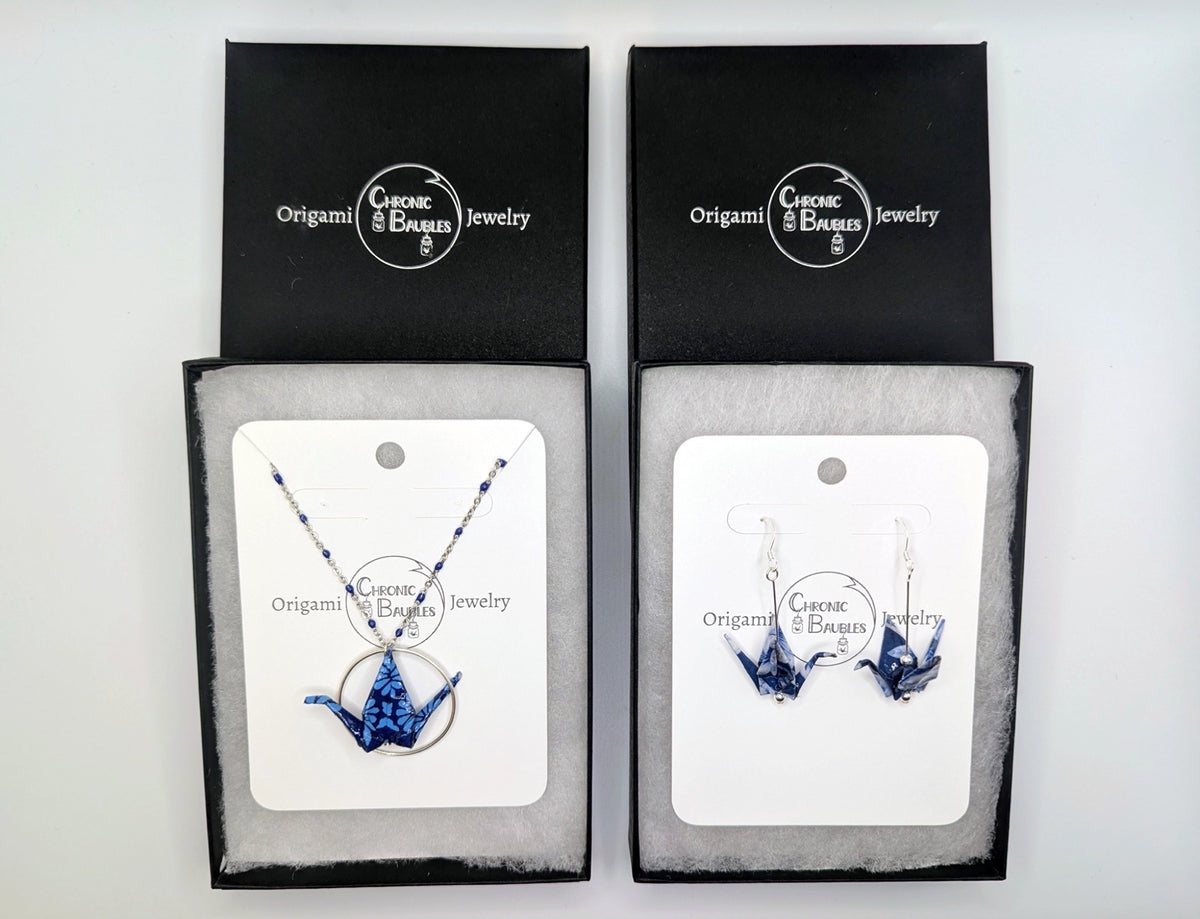 Blue Floral Origami Crane Earrings