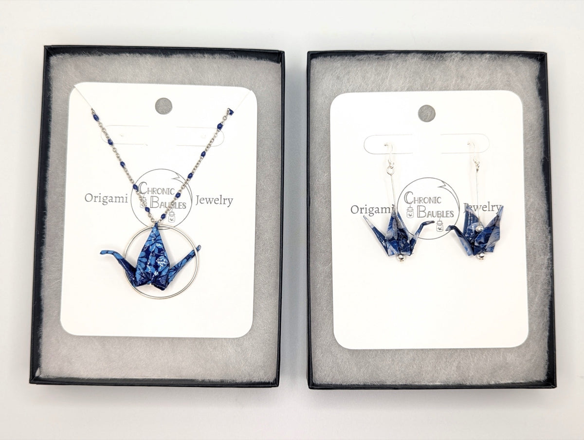 Blue Floral Origami Crane Earrings