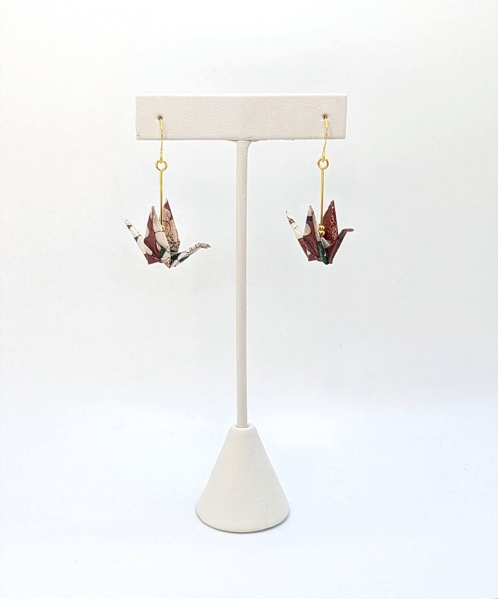Burgundy Floral Origami Crane Earrings