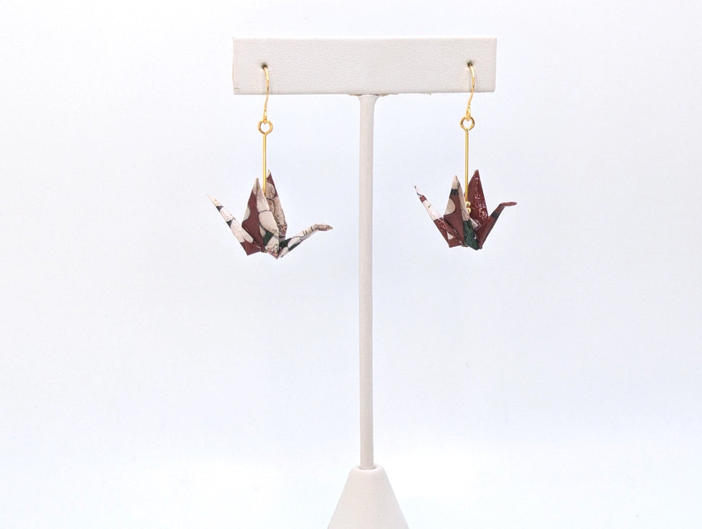 Burgundy Floral Origami Crane Earrings
