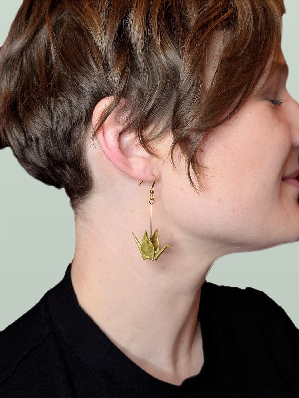Mottled Olive Origami Crane Earrings