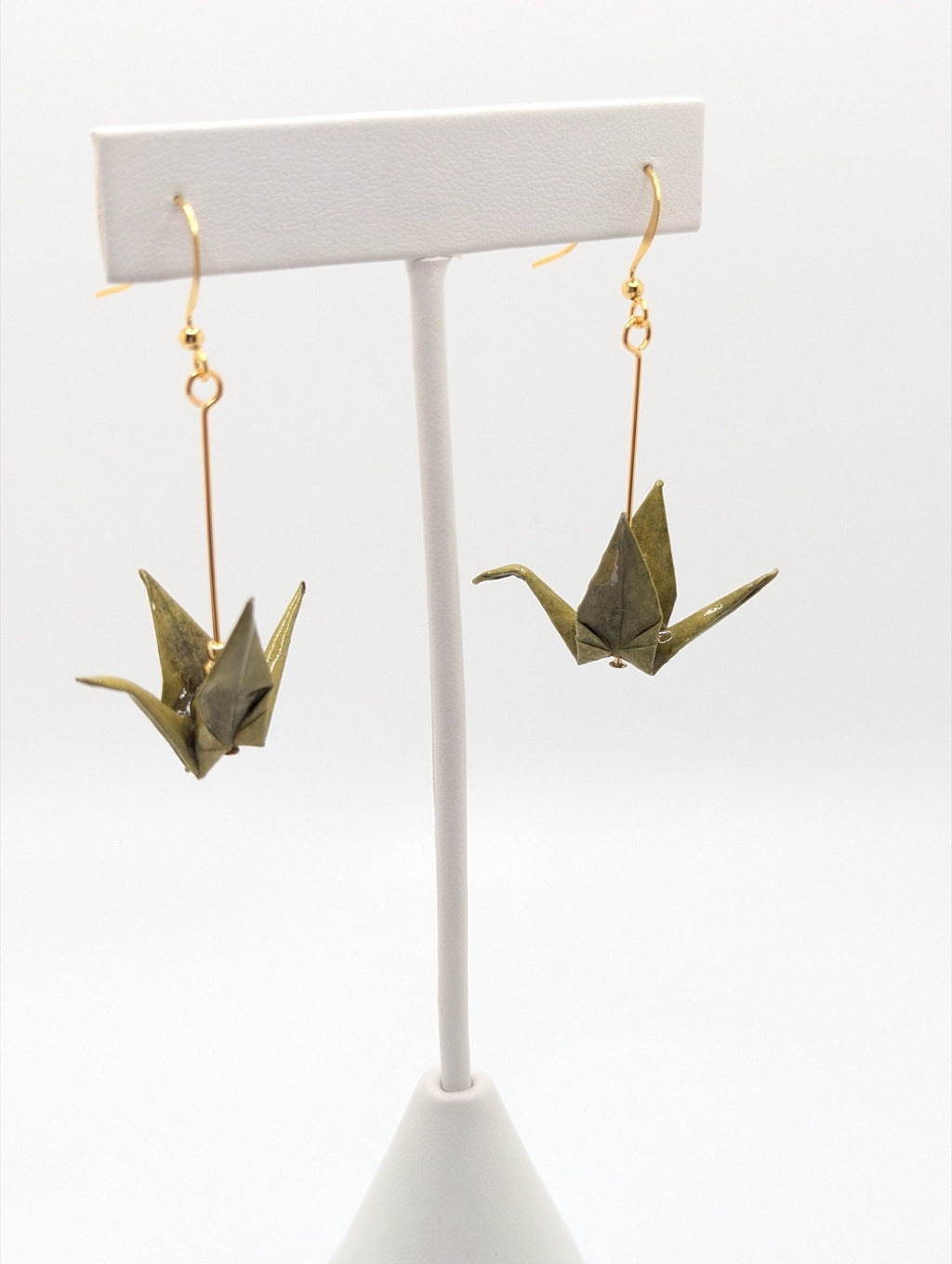 Mottled Olive Origami Crane Earrings