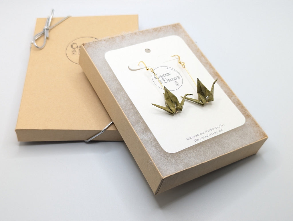 Mottled Olive Origami Crane Earrings