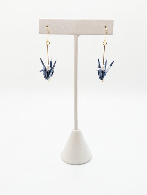 Blue Floral, Moonstone Origami Crane Earrings