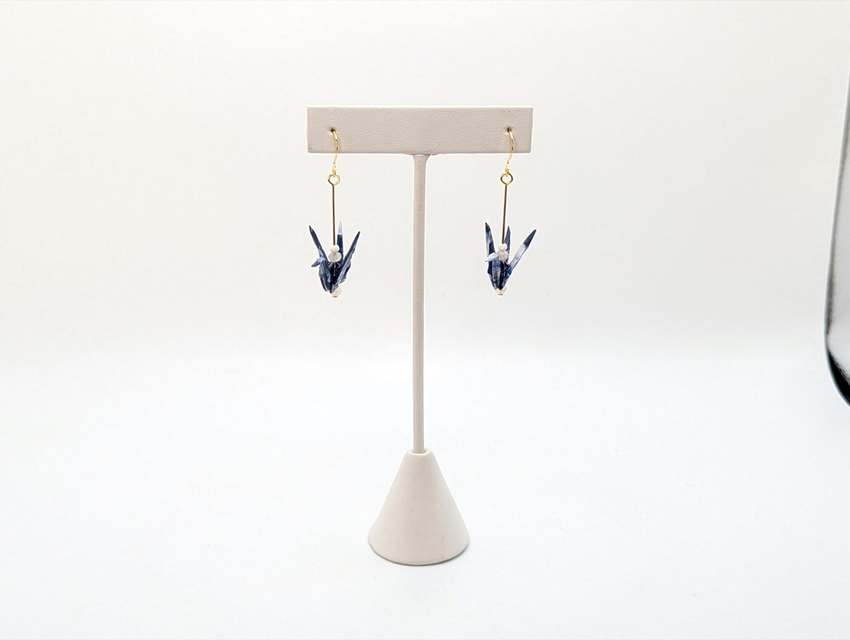 Blue Floral, Moonstone Origami Crane Earrings