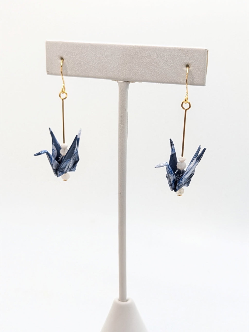 Blue Floral, Moonstone Origami Crane Earrings