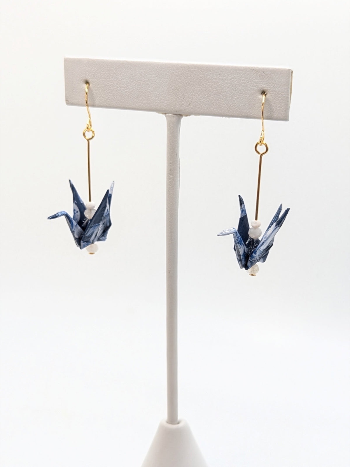 Blue Floral, Moonstone Origami Crane Earrings