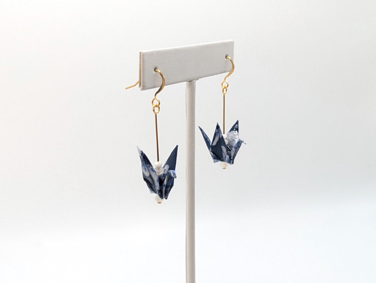 Blue Floral, Moonstone Origami Crane Earrings