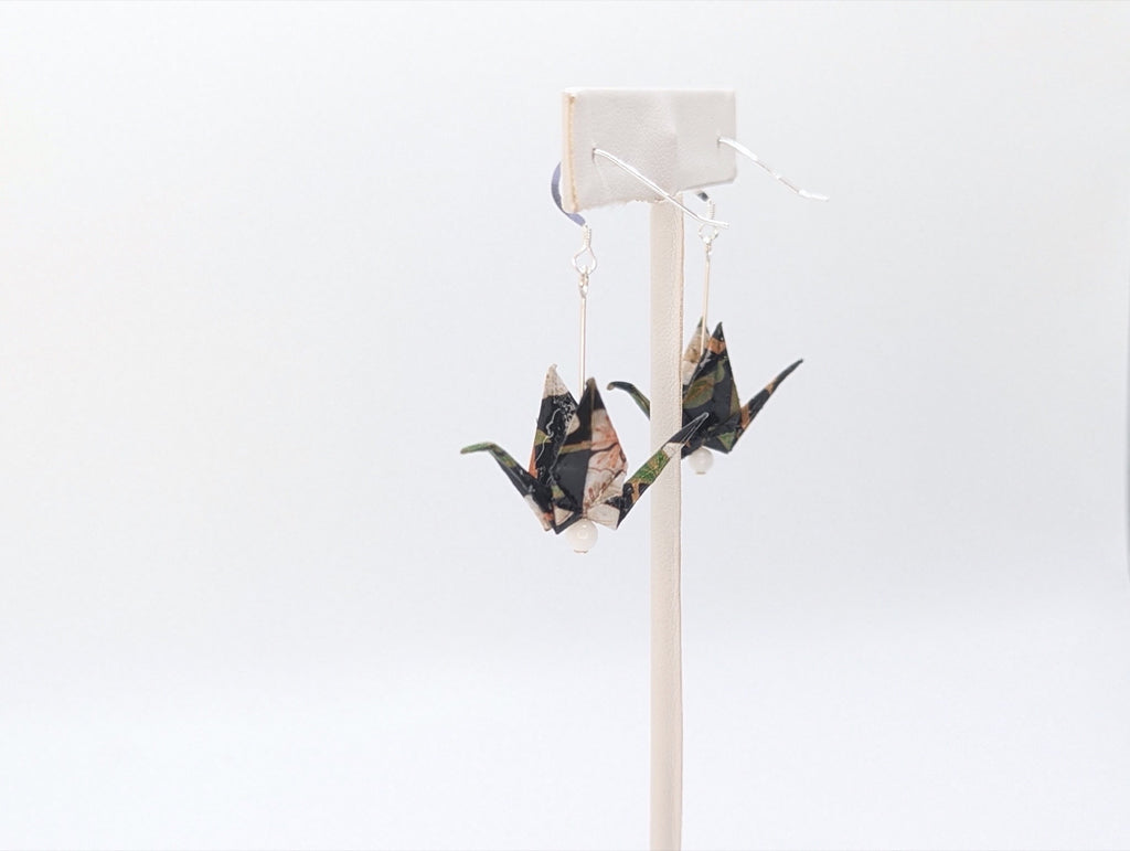 Dark Forest, Moonstone Origami Crane Earrings